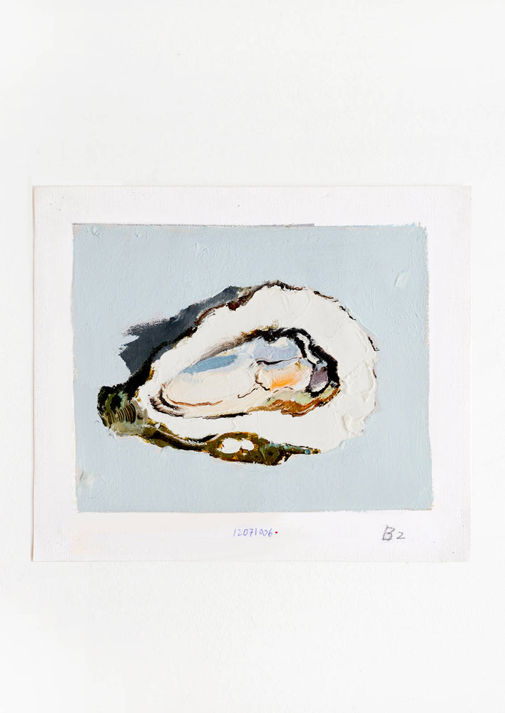 1: Original oil painting with still life image of a single oyster on a dusty blue background.