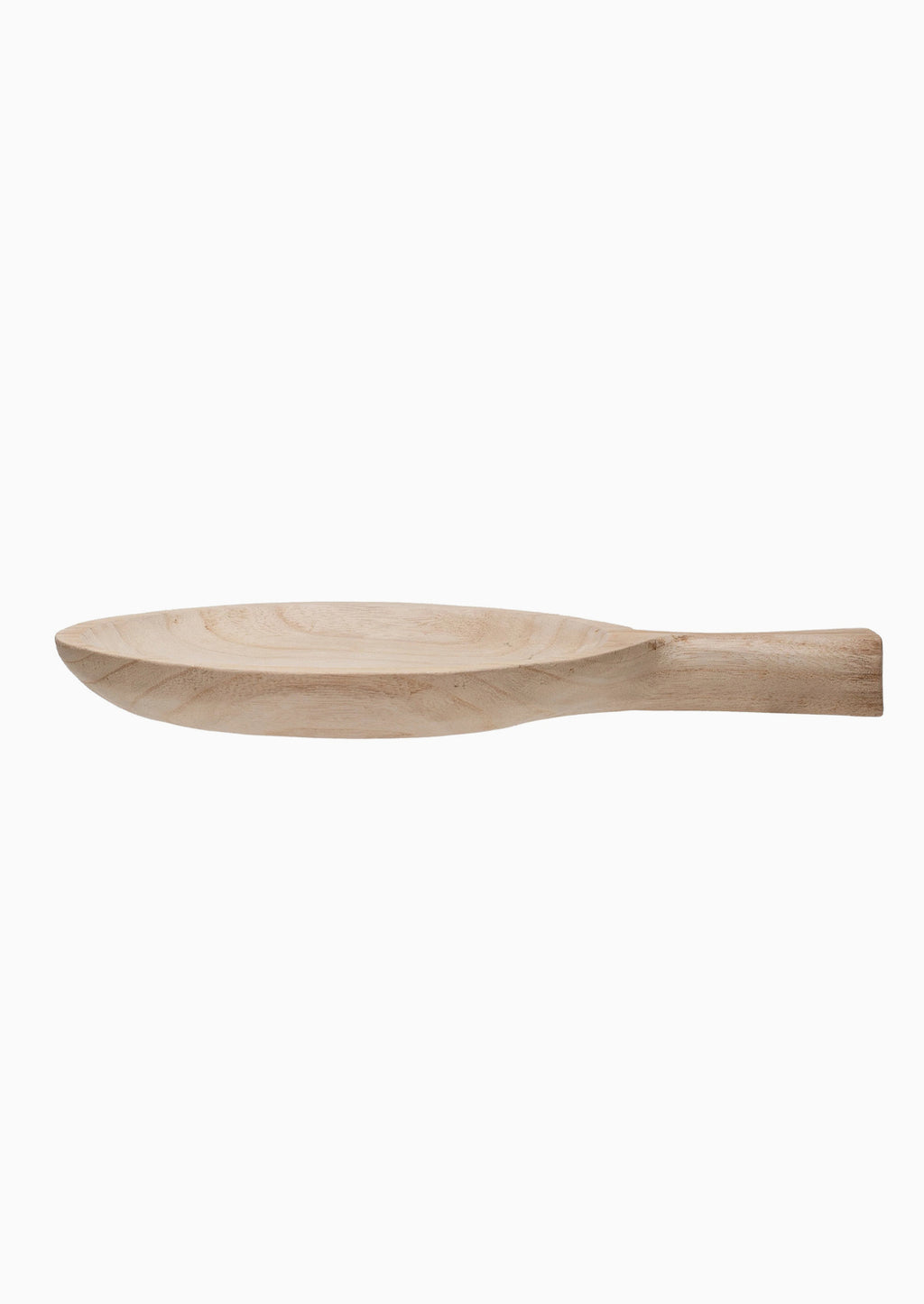 3: A round paddle shaped tray in natural paulownia wood.