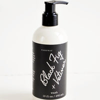 Black Fig & Vetiver: Liquid soap packaged in ivory and black pump bottles with black and white label