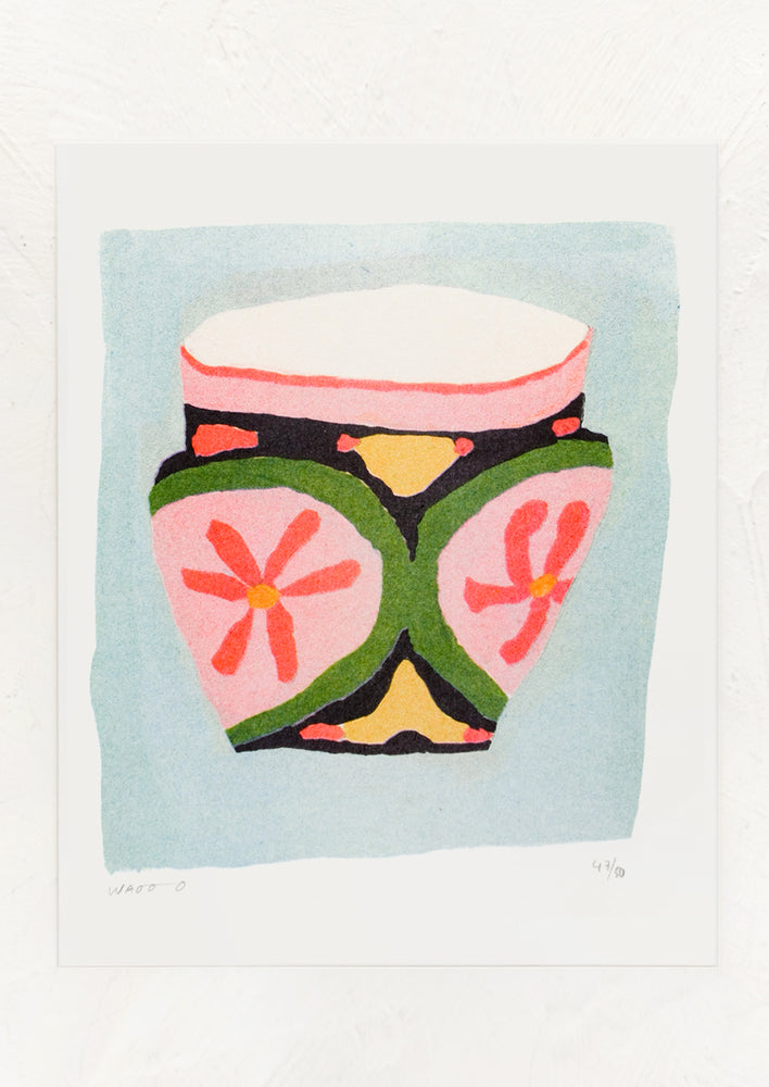1: A risograph art print of a painted flowerpot.