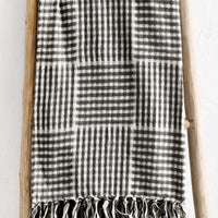 1: A black and white paneled check throw blanket.