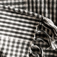 2: A black and white paneled check throw blanket.