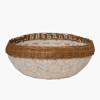 2: A natural paper mache bowl with brown wicker trim at top.