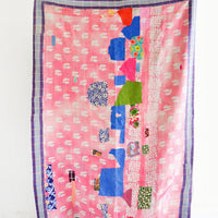 1: Vintage Patchwork Kantha Quilt in Pink Pattern with Blue Accents