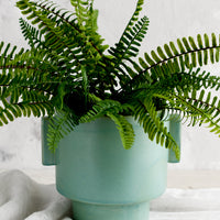 2: A ceramic planter in turquoise glaze with straight side tabs, with fern.