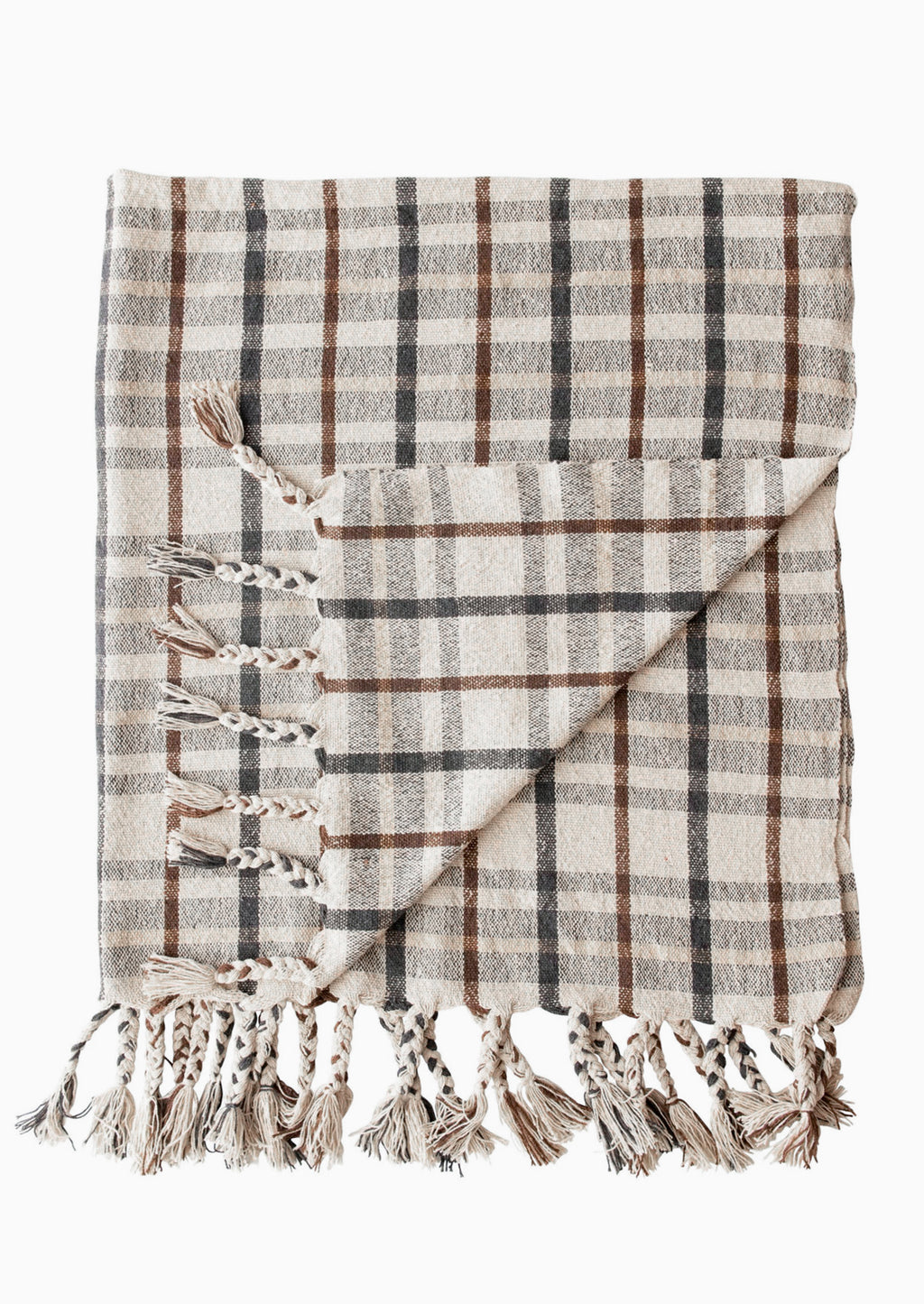 1: A throw blanket in cream with black, beige and brown plaid pattern.