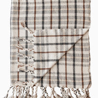 1: A throw blanket in cream with black, beige and brown plaid pattern.