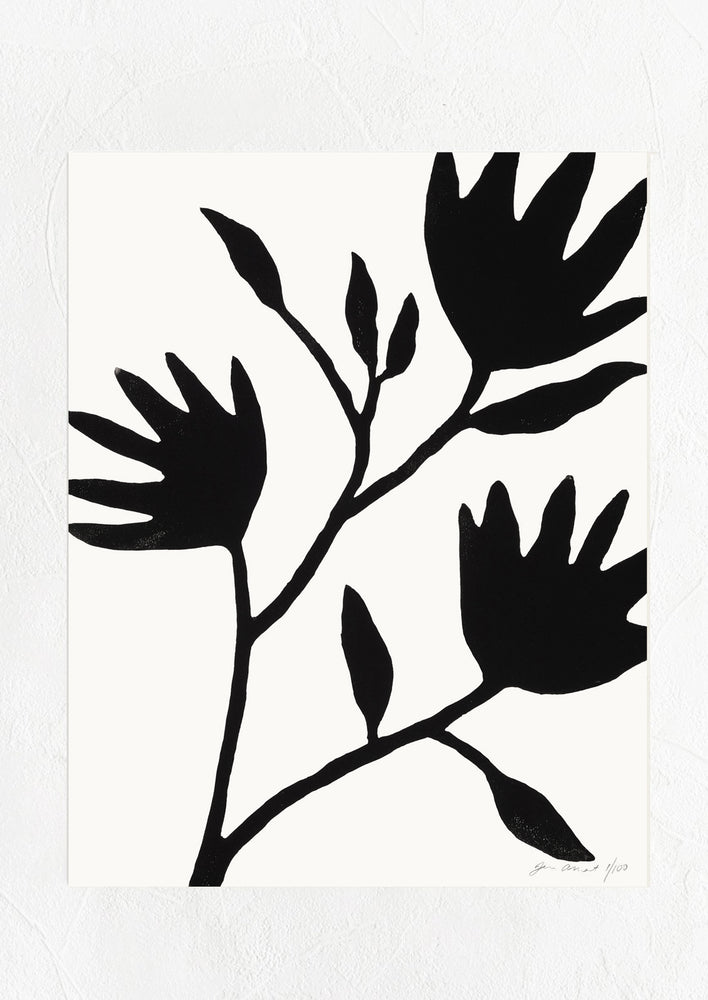 1: A monochrome lino cut print featuring abstract peony flowers.