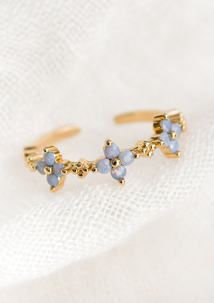 1: A gold ring with periwinkle floral design.