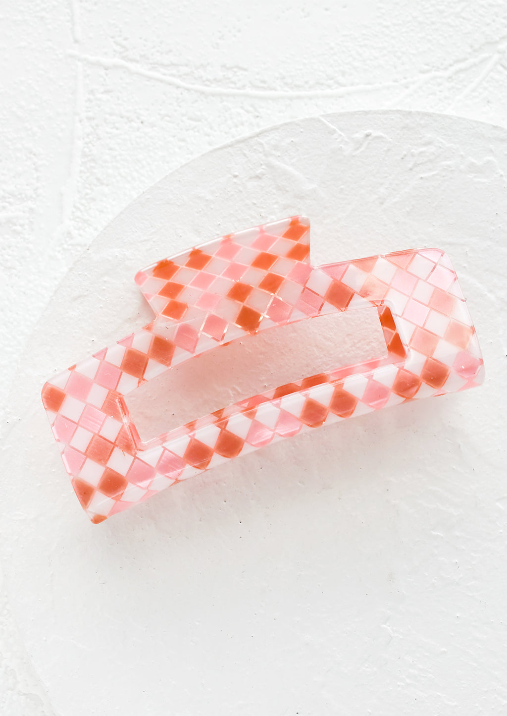 Strawberry Cream: A rectangular acrylic hair clip in pink check.