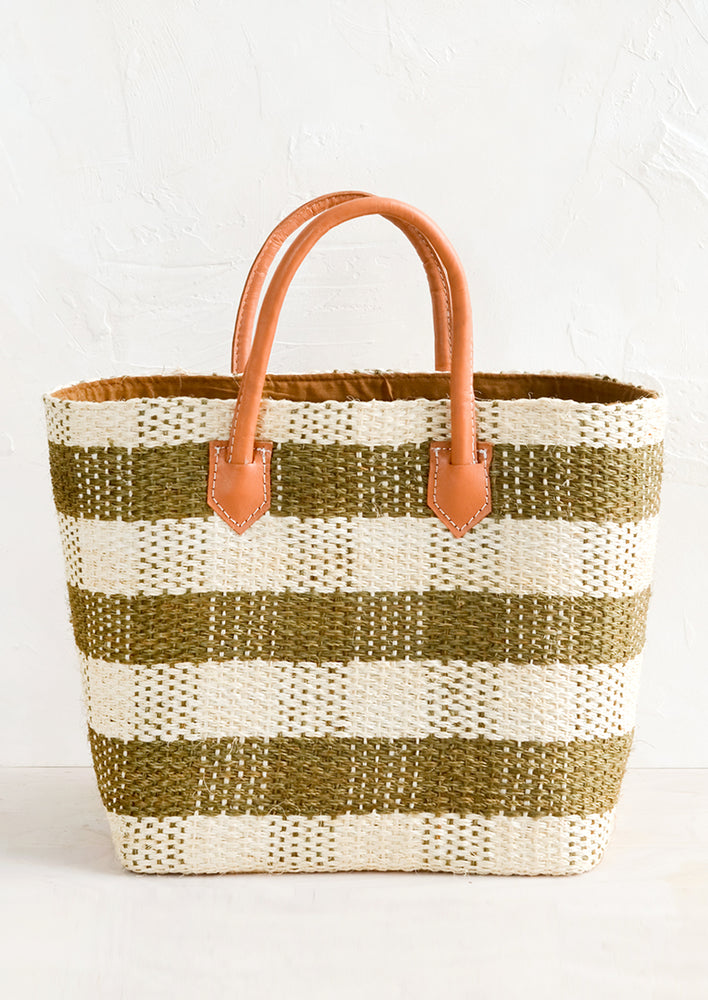 1: A raffia tote in olive and cream gingham with leather handle.