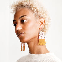 2: Model wears pink and yellow fringe beaded earrings.