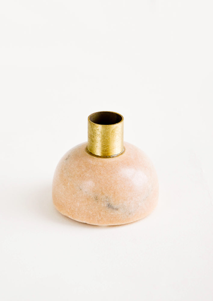 Taper candle holder for single candle, made of pink marble and brass