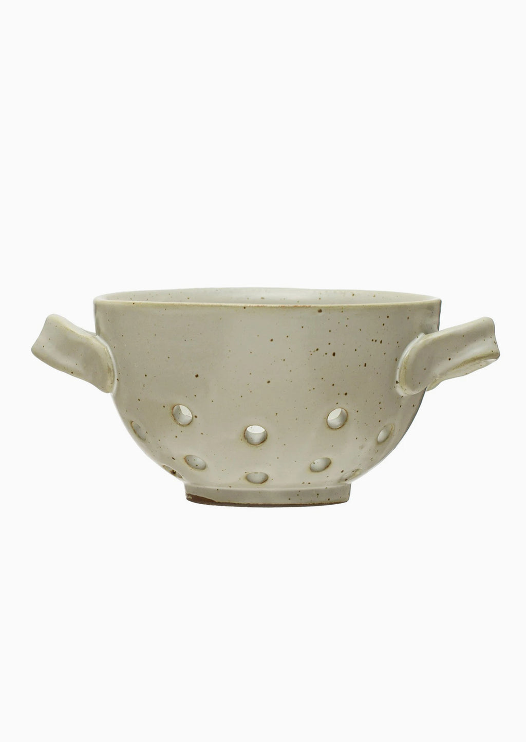 2: A small speckled ceramic berry colander with side handles.