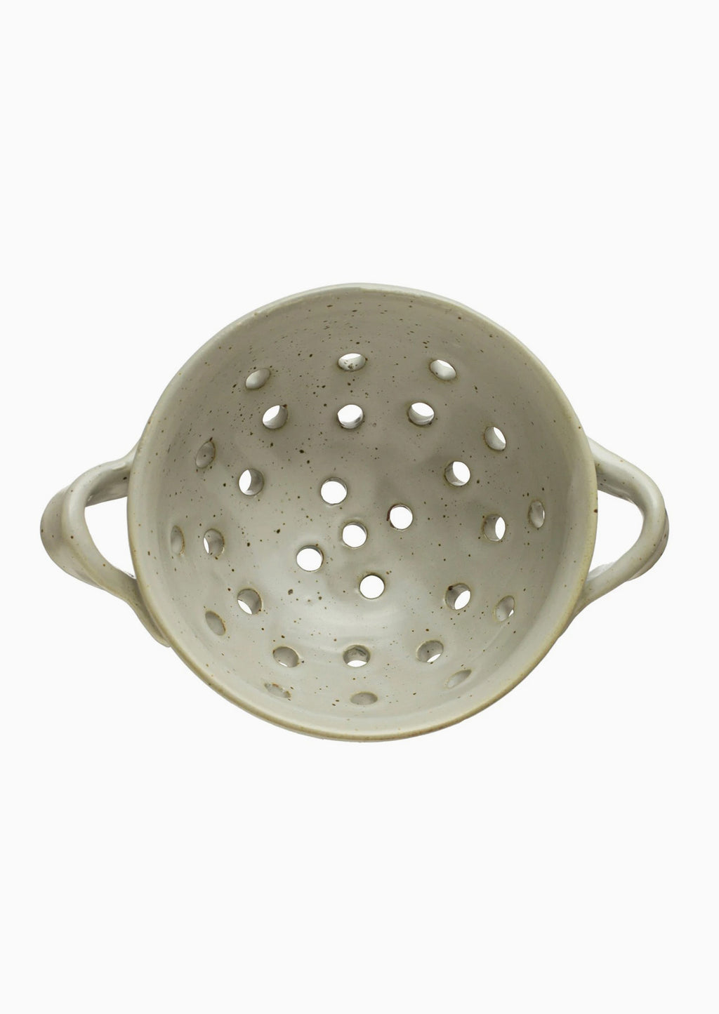 3: A small speckled ceramic berry colander with side handles.