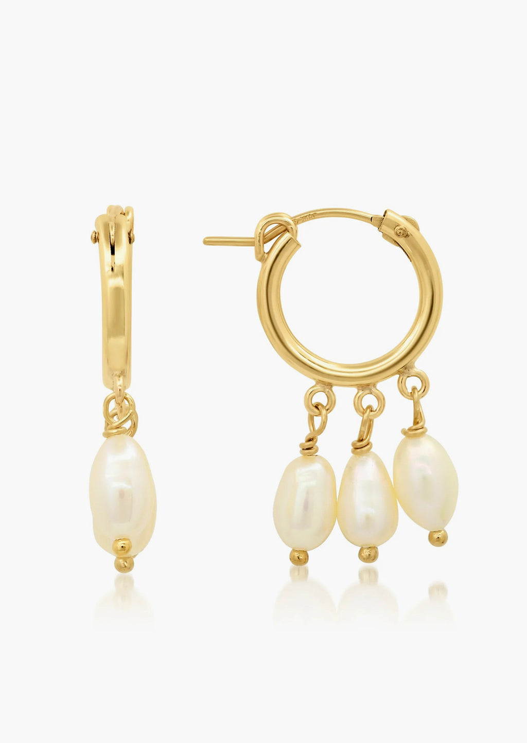 2: A pair of gold hoop earrings with three dangling pearls on each.