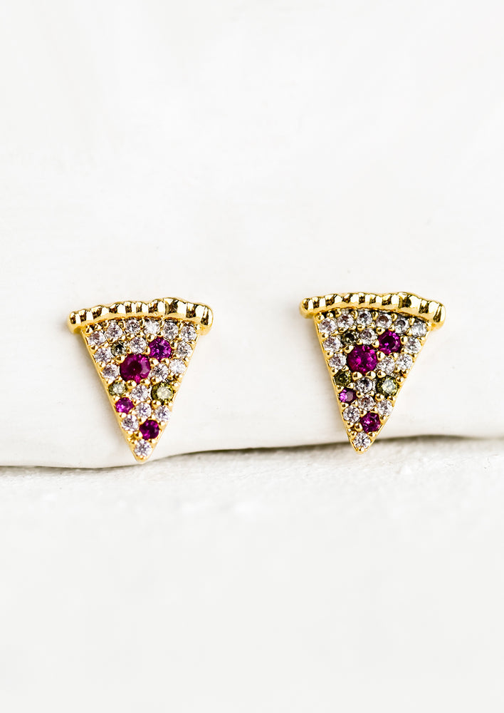 1: A pair of crystal and gold stud earrings in the shape of pizza slices.