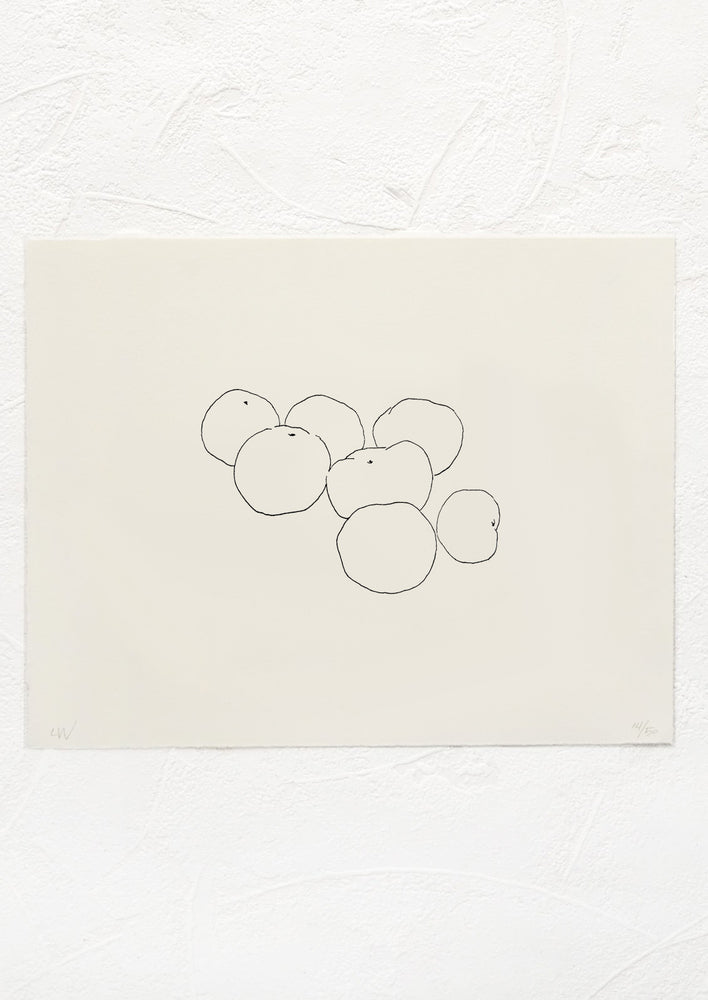 1: A black and white letterpressed art print with silhouetted line drawing of plum tomatoes in a pile.