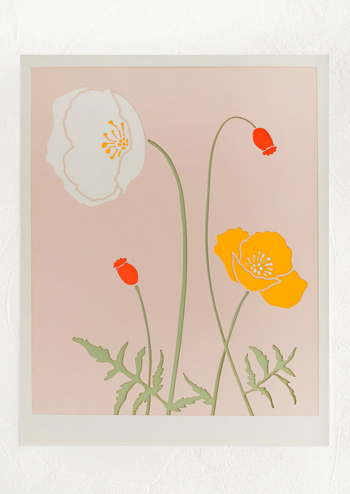 A lasercut art print depicting poppy flowers on blush background.