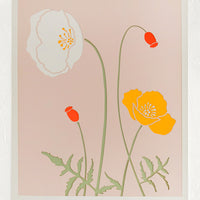 1: A lasercut art print depicting poppy flowers on blush background.