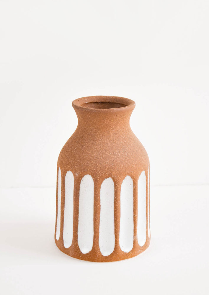 Brown Unglazed Ceramic Vase with Contrasting Vertical Stripe Detailing in White