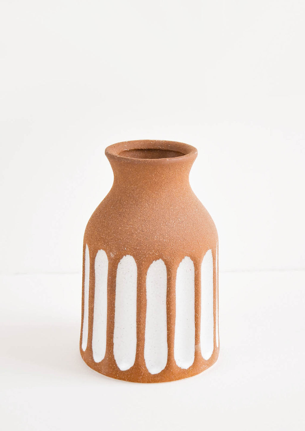 2: Brown Unglazed Ceramic Vase with Contrasting Vertical Stripe Detailing in White