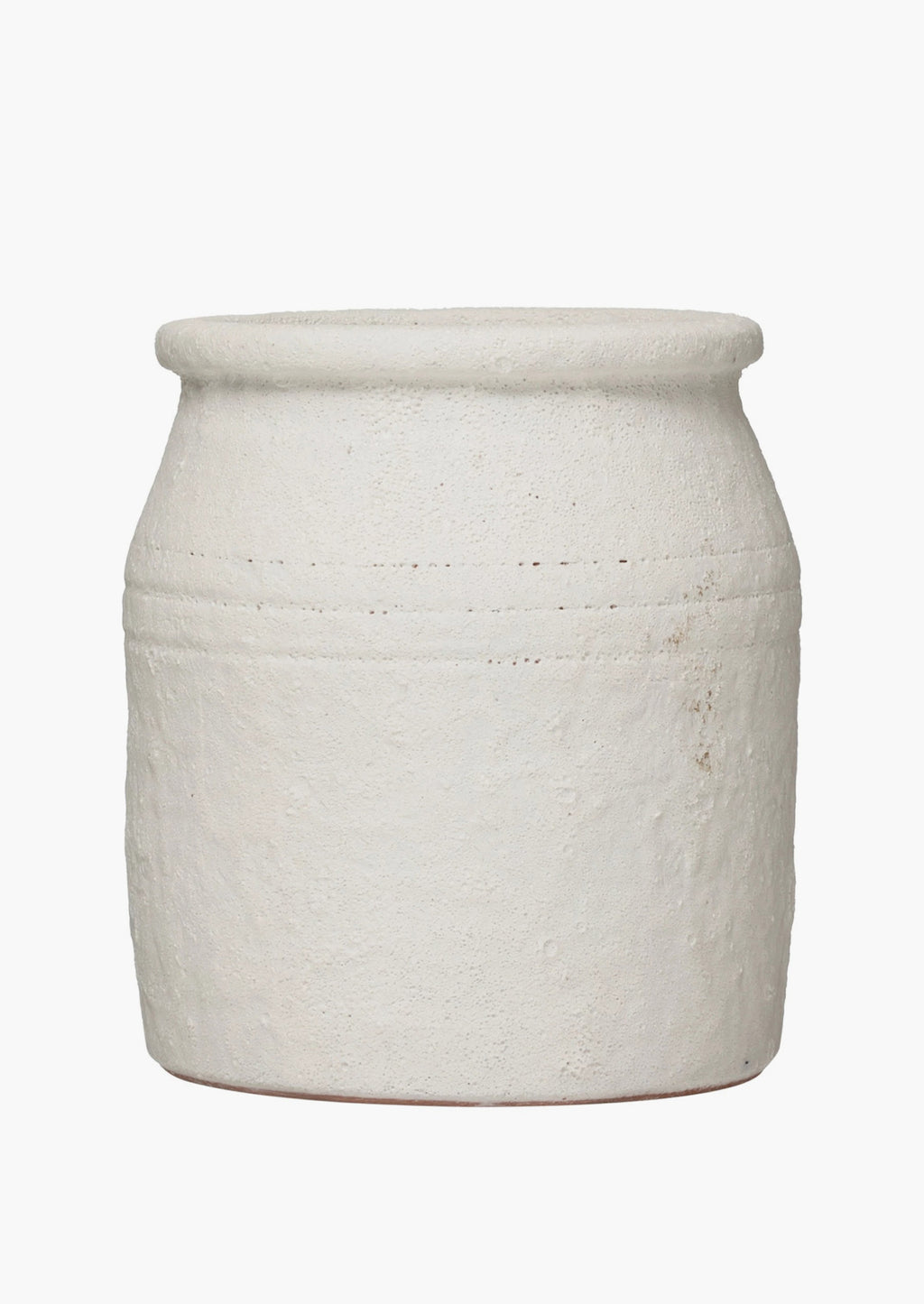 2: Crock-style utensil holder in ceramic with heavily textured, bubbly white glaze