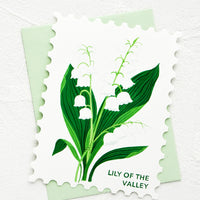 Lily of the Valley: Diecut greeting card in the shape of a postage stamp, printed graphic of Lily of the Valley floral.