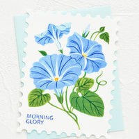 Morning Glory: Diecut greeting card in the shape of a postage stamp, printed graphic of Morning Glory floral.