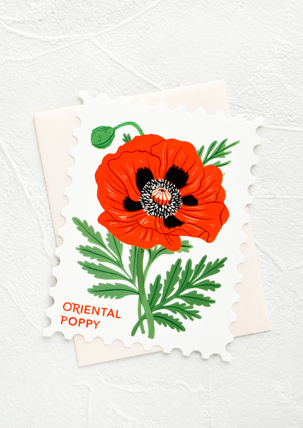 Oriental Poppy: Diecut greeting card in the shape of a postage stamp, printed graphic of Oriental Poppy floral.