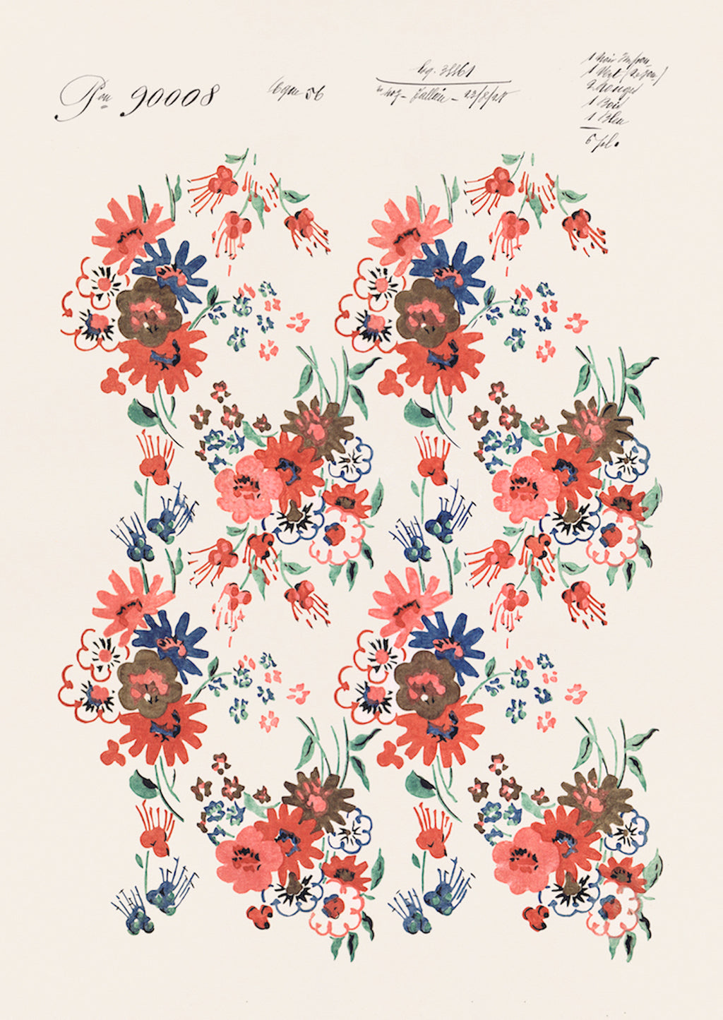 1: An antique inspired floral poster print in red, pink and blue.