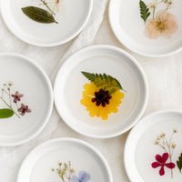 1: Assorted pressed flower ring dishes in white.