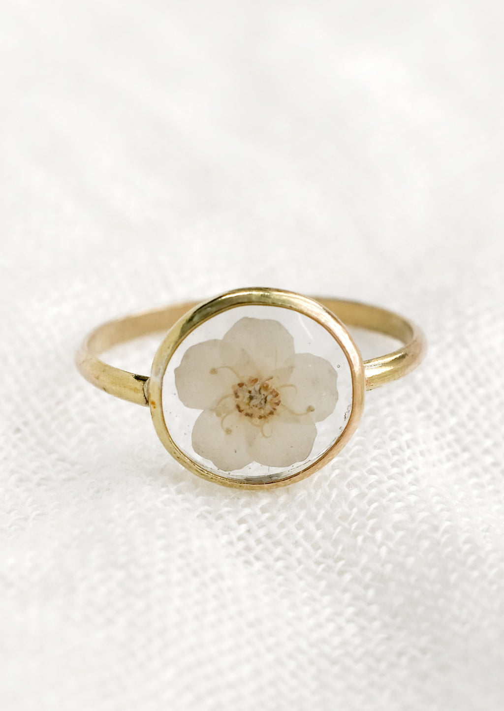 Size 6 / White: A gold round bezel ring showing white flower on clear background.