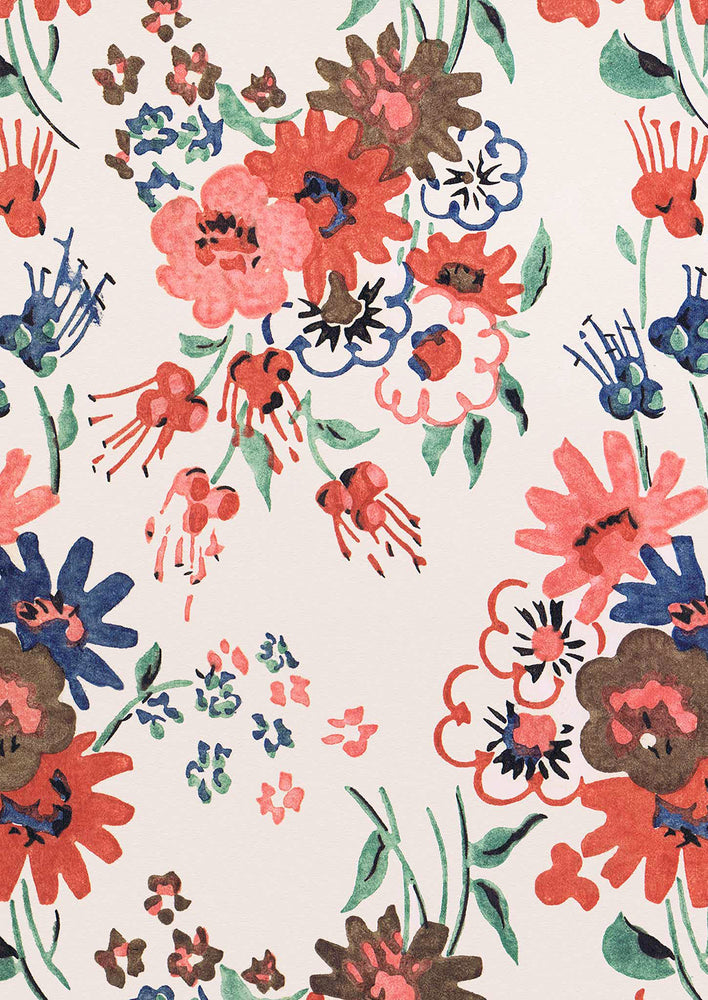 An antique inspired floral poster print in red, pink and blue.