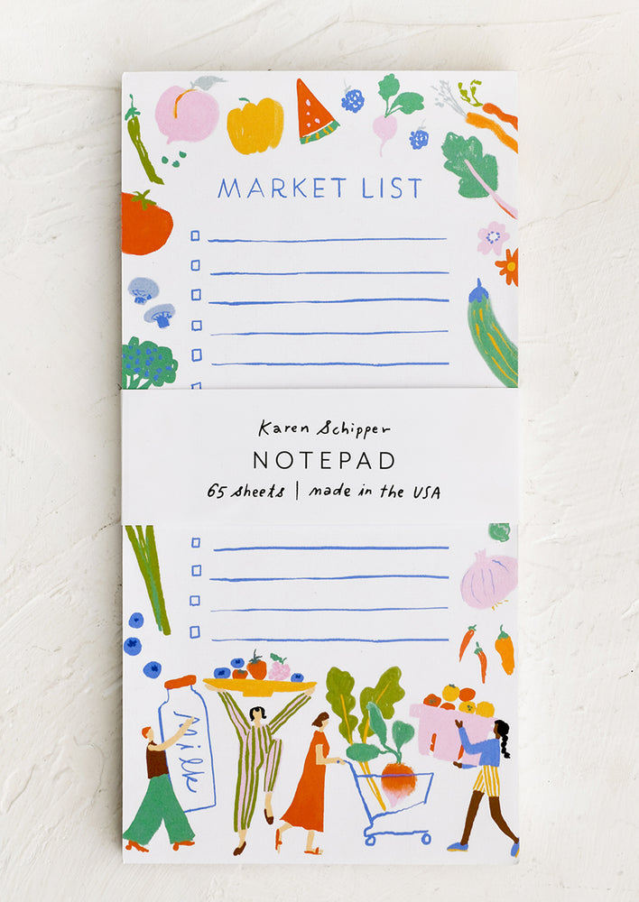 A to do list notepad with cartoon-like illustrations of women shopping for groceries.