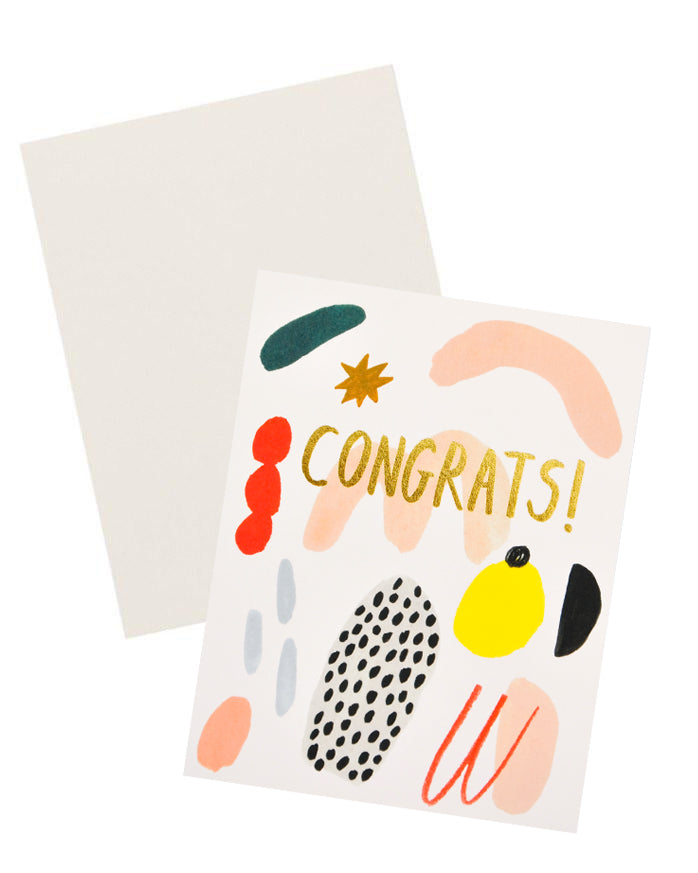 3: Notecard with colorful abstract shapes and the word "Congrats" in gold, and white envelope.