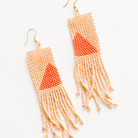 1: Long rectangular fringe beaded earrings in peach with orange triangle designs.