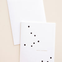 1: White greeting card with randomly scattered dots and small golden text reads "Happy Birthday"