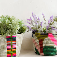 2: Colorful woven round planter baskets.