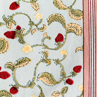 4: A light aqua placemat with bordered raspberry print.