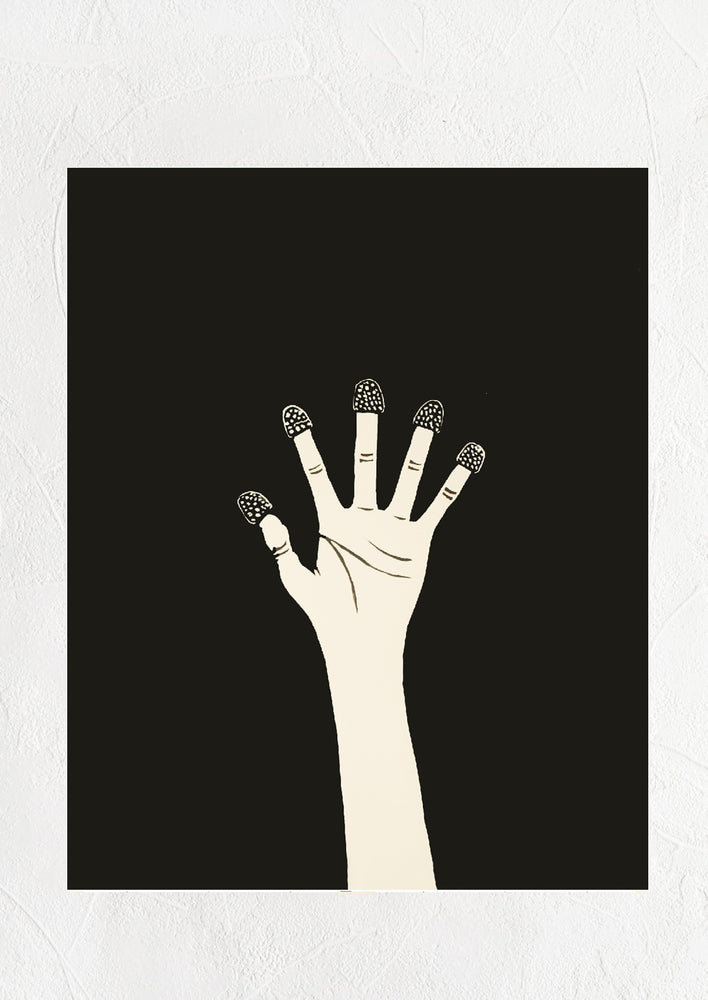 Screenprinted art print with black background and silhouette of human palm with raspberries on fingertips.