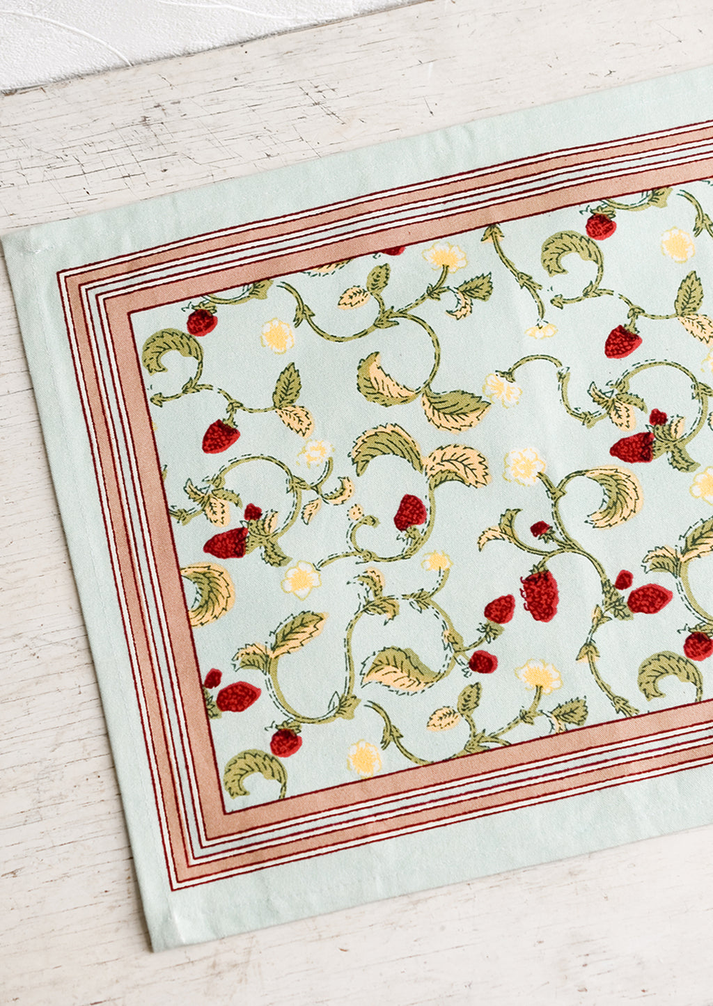 3: A light aqua placemat with bordered raspberry print.