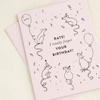 1: Greeting card with image of rats at a party with text reading "Rats! I forgot your birthday"