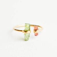 1: Adjustable yellow gold ring with opening at front, and pink and green tourmaline crystals at each side of opening.