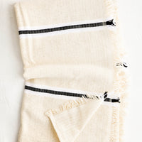 1: Raw cotton blanket in natural color with black and white stripes and fringed edge