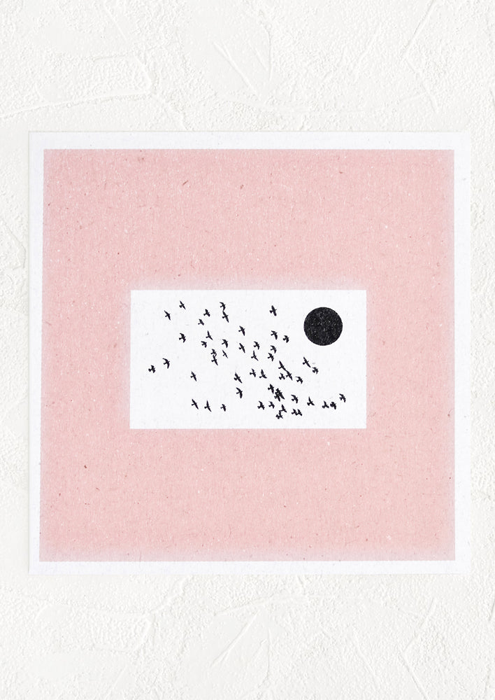 1: A square digital art print with thick pink border and centered image of flock of birds flying around the sun.