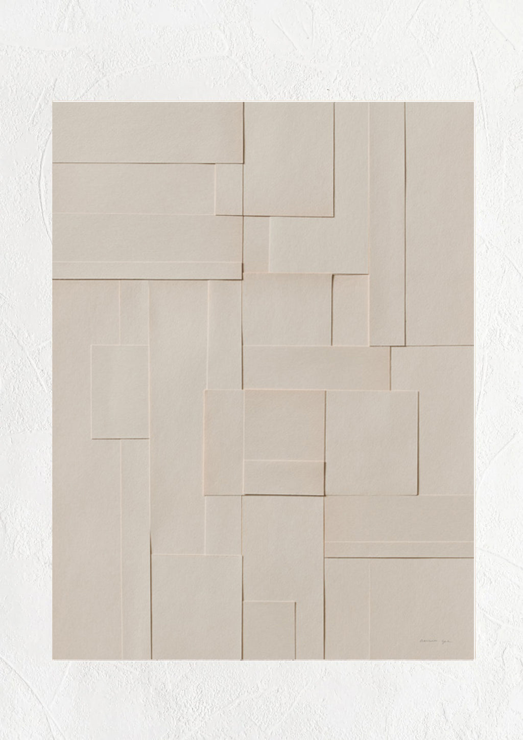 1: An art print featuring a photograph of layered neutral pieces of paper cut in squares and rectangles.