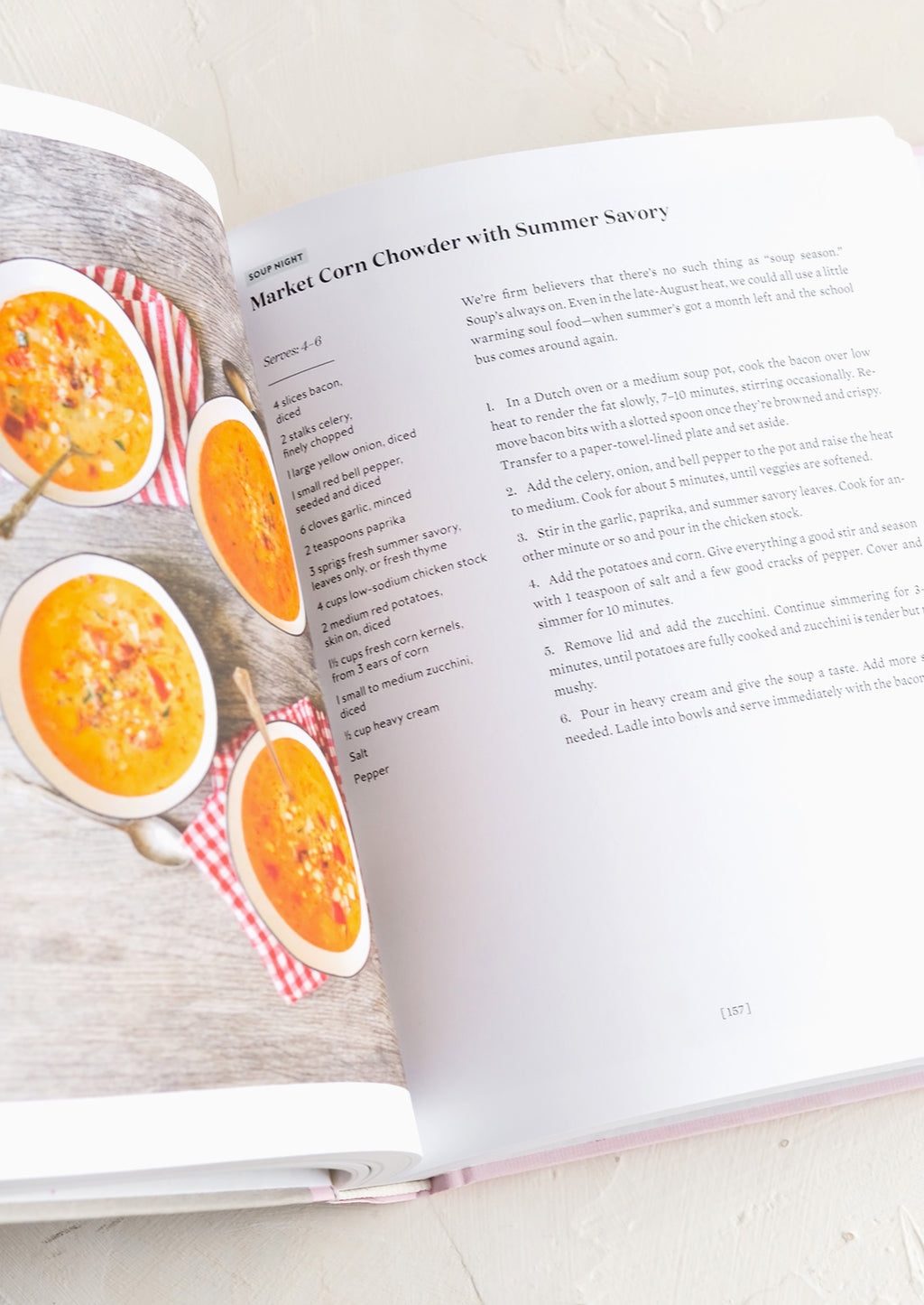 2: A cookbook open to recipe for market corn chowder.