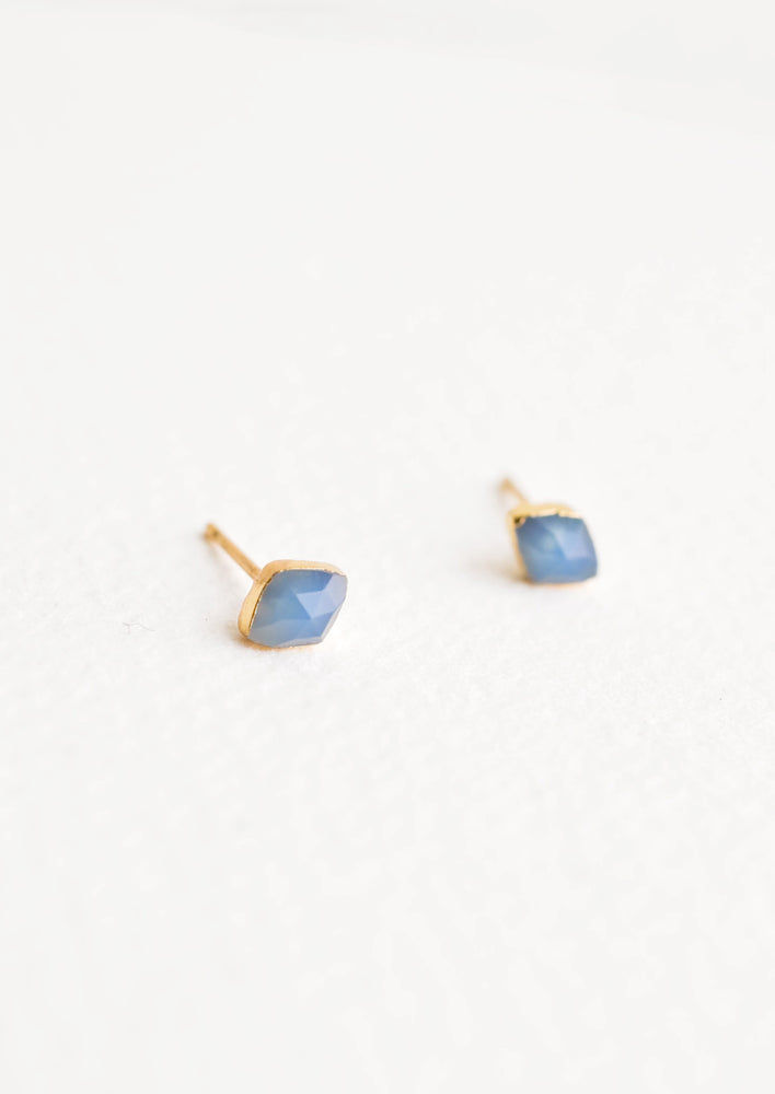 Blue Chalcedony: Three dimensional rhombus shaped blue stone stud earrings.