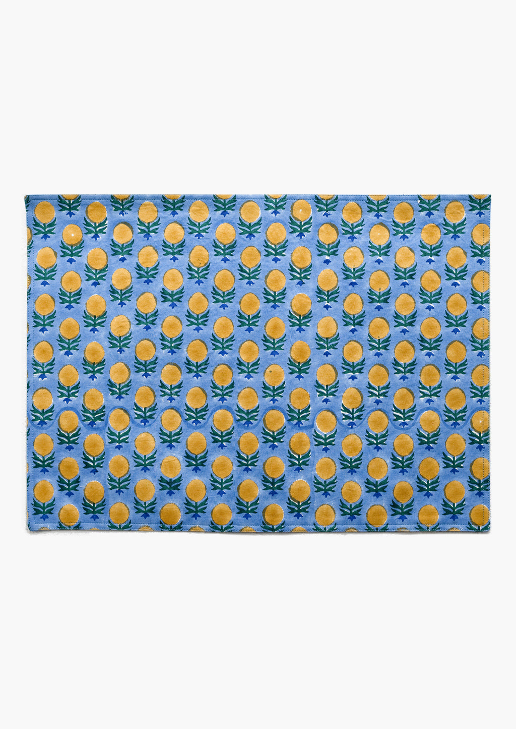 Blue / Yellow Multi: A blue and yellow floral block print placemat.